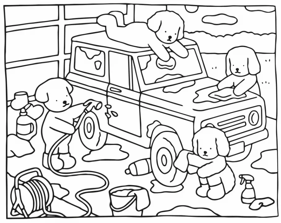 Bichinhos fofinhos no lava jato Desenho Kawaii.