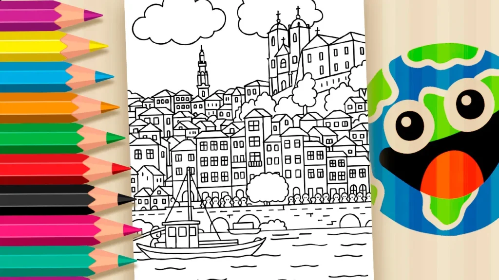 Desenho para colorir da paisagem da Ribeira do Porto em Portugal, com casas coloridas, igreja, torre dos Clérigos e barco no Rio Douro.