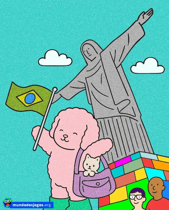 Desenho do cachorrinho de Bobbie Goods posando para uma foto na frente do Cristo Redentor.