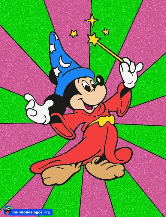 Mickey vestido de feiticeiro do filme "Fantasia". Desenho colorido online no Mundo dos Jogos.