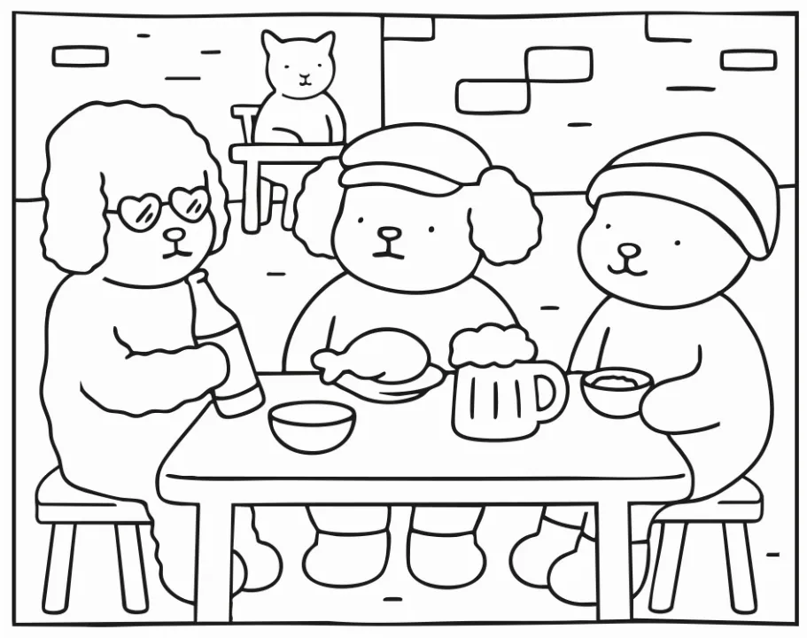 Desenho para colorir dos personagens dos desenhos de Bobbie Goods em um boteco brasileiro.