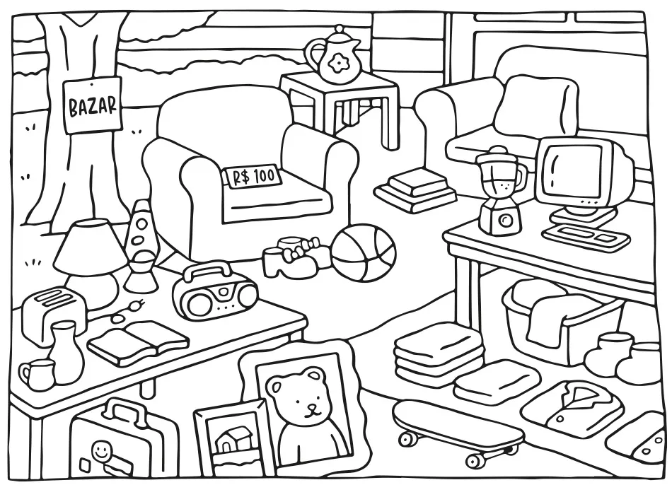 Desenho preto e branco de um bazar de garagem no estilo Bobbie Goods com móveis, objetos domésticos, brinquedos e eletrônicos. Para imprimir ou colorir online.