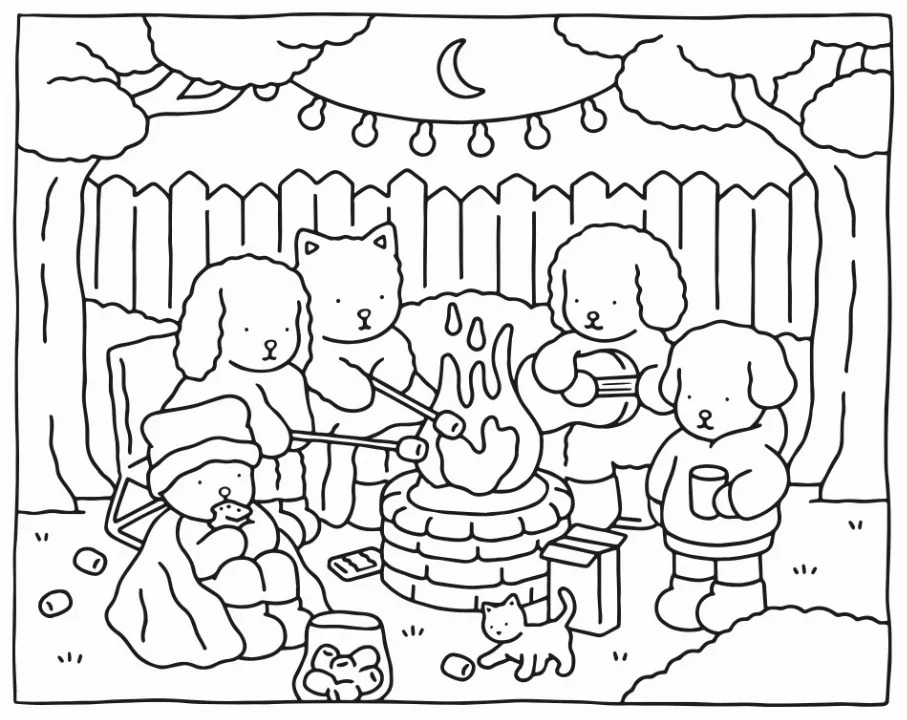 Desenho para colorir Bobbie Goods mostrando festa dos amiguinhos com bolo, luzinhas, cerca de madeira e lua no céu