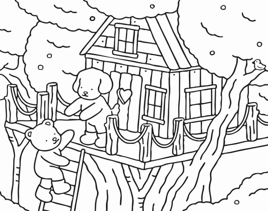 Ilustração em preto e branco de dois bichinhos fofos — um ursinho e um cachorrinho — em uma casa na árvore com detalhes românticos, perfeita para colorir no Dia dos Namorados.
