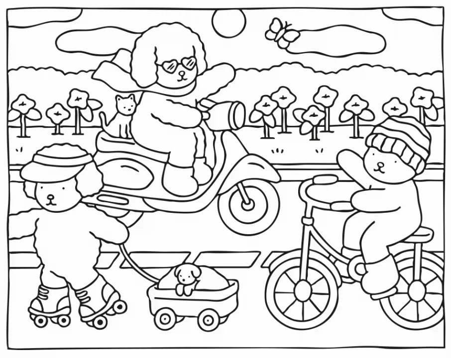 Bichinhos fofinhos em passeio urbano no desenho de Bobbie Goods.