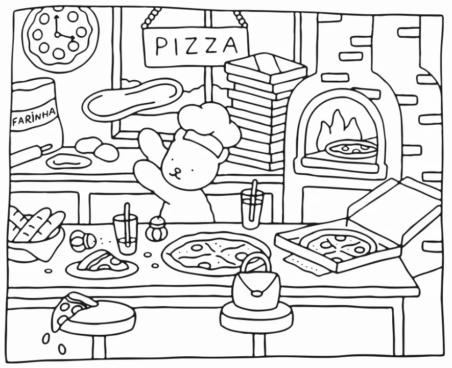 Bobbie Goods: Desenho de um ursinho fofo fazendo pizza, com ingredientes espalhados na mesa, disponível para colorir online ou imprimir gratuitamente.