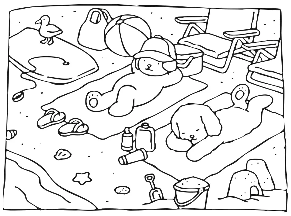 Desenho para colorir de Bobbie Goods - personagens fofos deitados na areia da Praia de Porto de Galinhas no Nordeste brasileiro