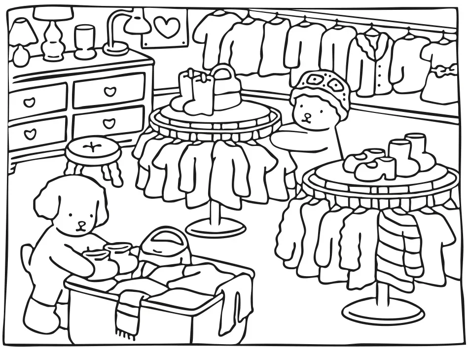 Os bichinhos fofinhos de Bobbie Goods em uma loja de roupas.