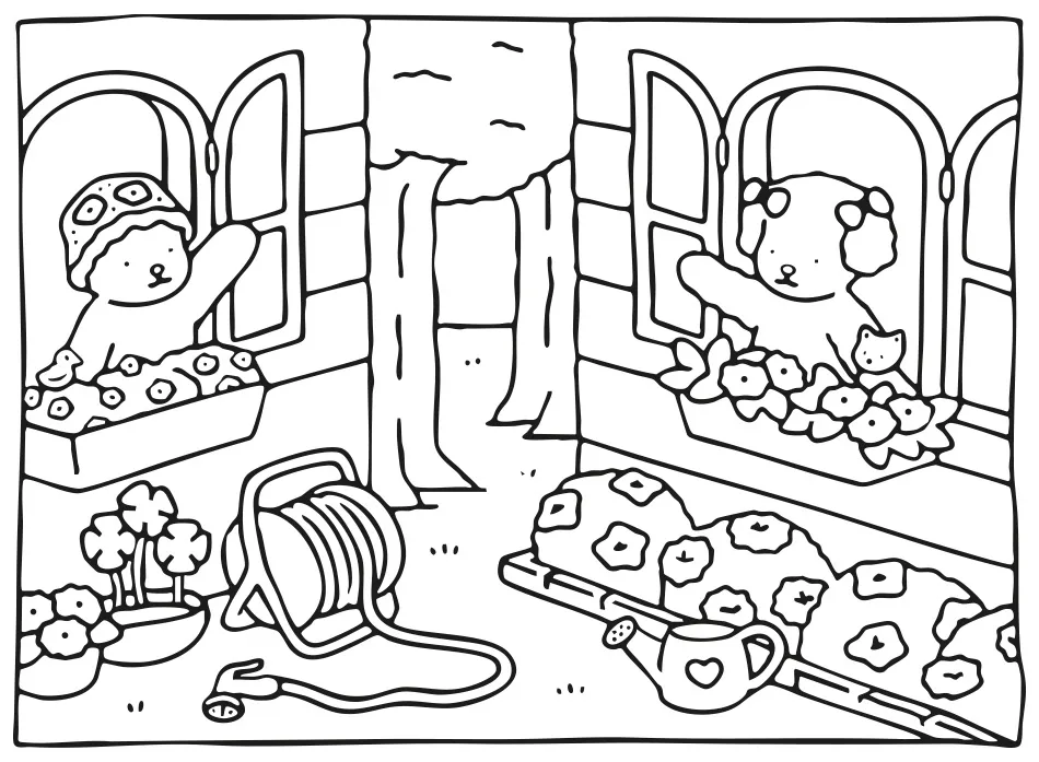 Ilustração original da Bobbie Goods para colorir, mostrando dois personagens fofos em janelas de condomínio, cada um cuidando de suas floreiras com flores, acompanhados por um pássaro e um gato, simbolizando a vida em comunidade no estilo minimalista da artista.
