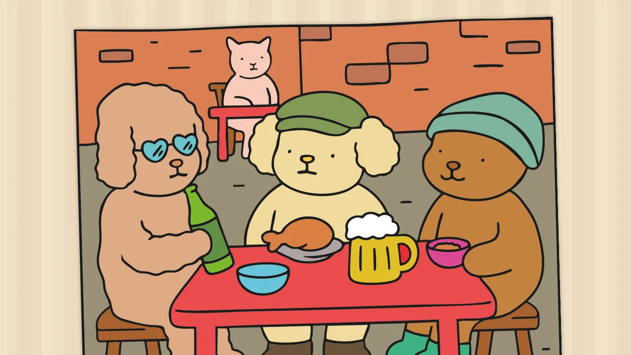 Personagens fofos dos desenhos de Bobbie Goods em um cenário brasileiro: o boteco.