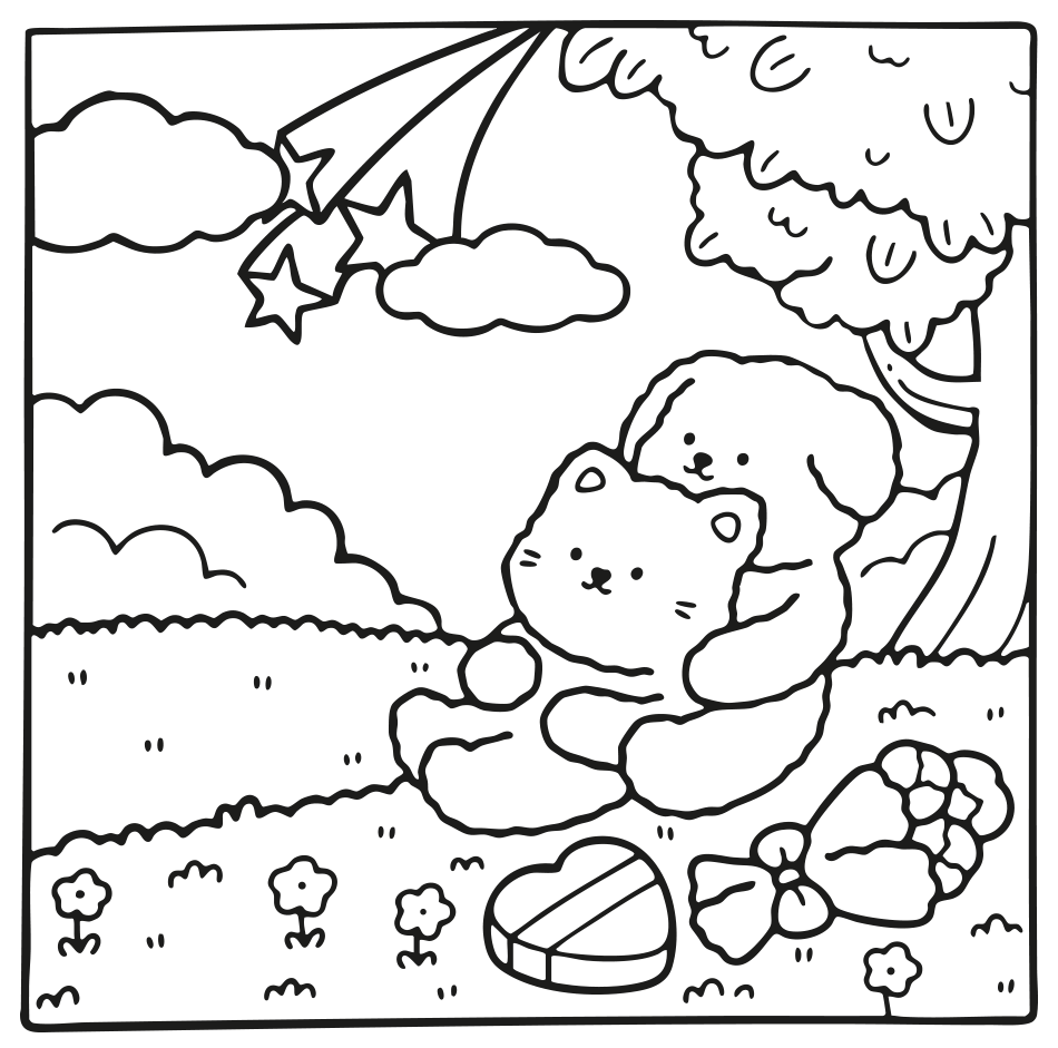 Desenho de Faz Um Pedido Para A Estrela Cadente! 🌙🐶🐱 para imprimir e colorir - PDF grátis para pessoas de todas as idades