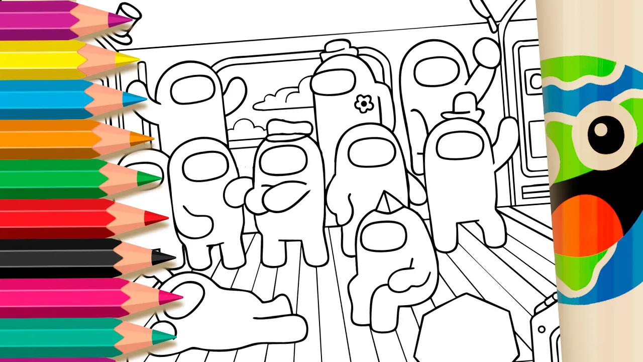 Desenho dos personagens do Among Us em um cenário de nave espacial. Cada personagem tem uma cor e acessório diferente. Ideal para colorir.