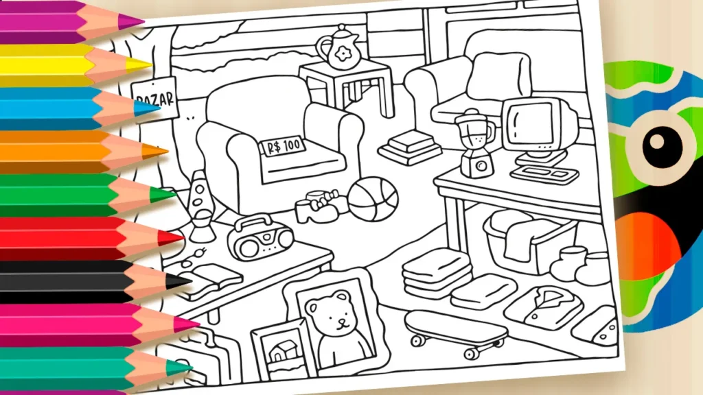 🛍️ Bazar para Colorir – Desenho Fofo e Criativo no Estilo Bobbie Goods