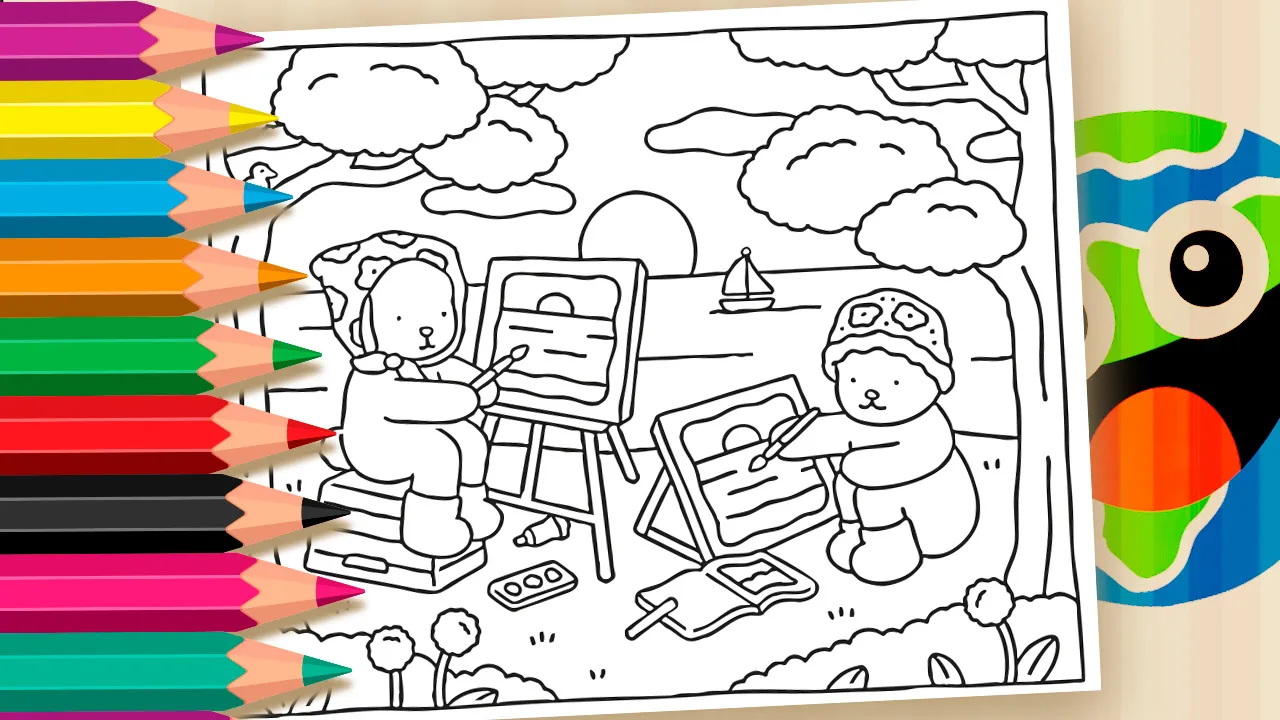 Desenho para colorir de dois personagens de Bobbie Goods, ursos, pintando quadros com cavaletes em meio à natureza, com um lago, barco e sol ao fundo. Pincéis e paleta de tintas no chão.