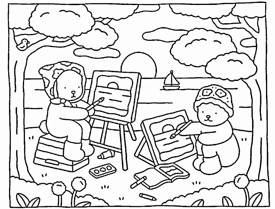 Desenho para colorir de dois personagens de Bobbie Goods, ursos, pintando quadros com cavaletes em meio à natureza, com um lago, barco e sol ao fundo. Pincéis e paleta de tintas no chão.