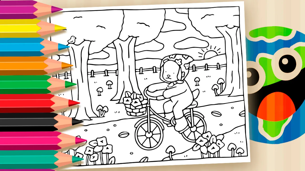 Desenho fofo de personagem no estilo Bobbie Goods andando de bicicleta, disponível para colorir online gratuitamente no Dia Mundial da Bicicleta.