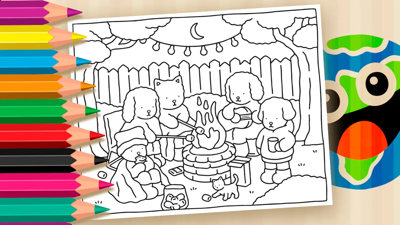Desenho para colorir Bobbie Goods mostrando festa dos amiguinhos com bolo, luzinhas, cerca de madeira e lua no céu.