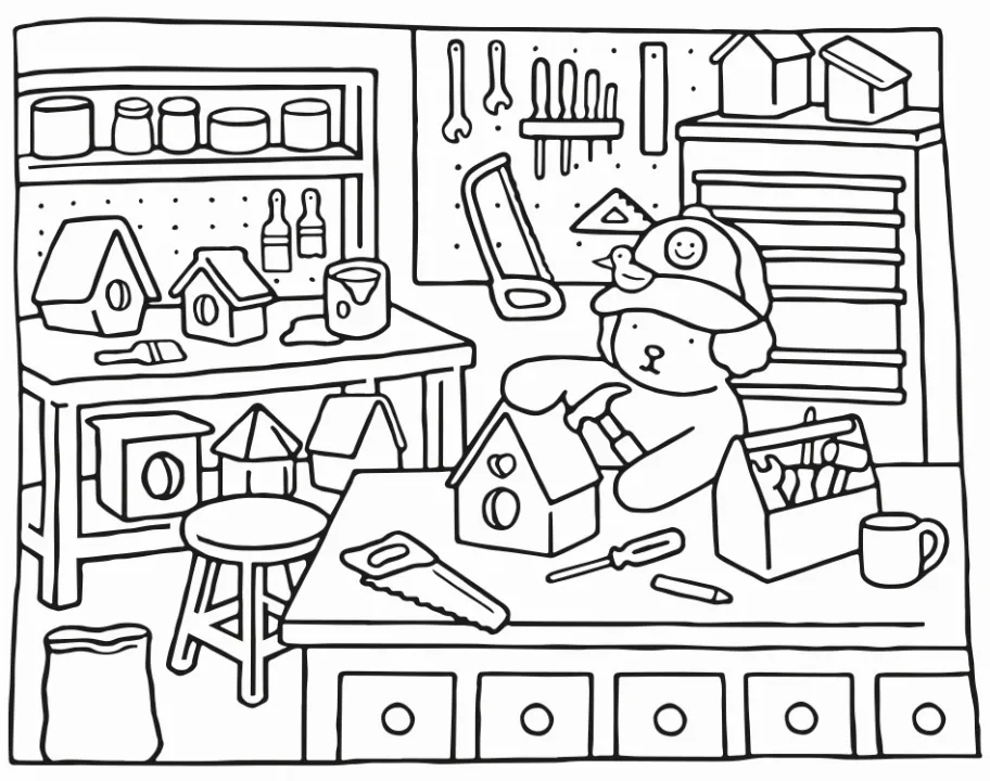 Desenho para colorir do ateliê Bobbie Goods, mostrando um ursinho construindo uma casinha de pássaros em uma oficina cheia de ferramentas e prateleiras com potes.