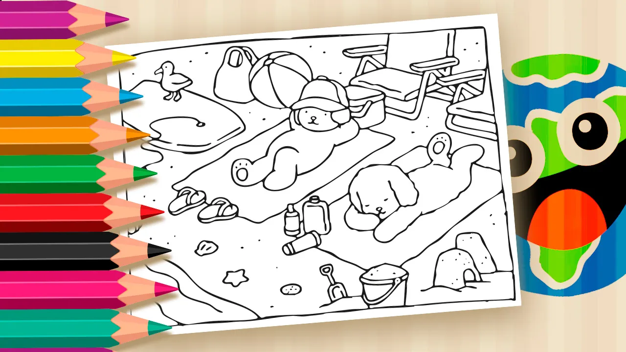 Desenho para colorir de Bobbie Goods - personagens fofos deitados na areia da Praia de Porto de Galinhas no Nordeste brasileiro.