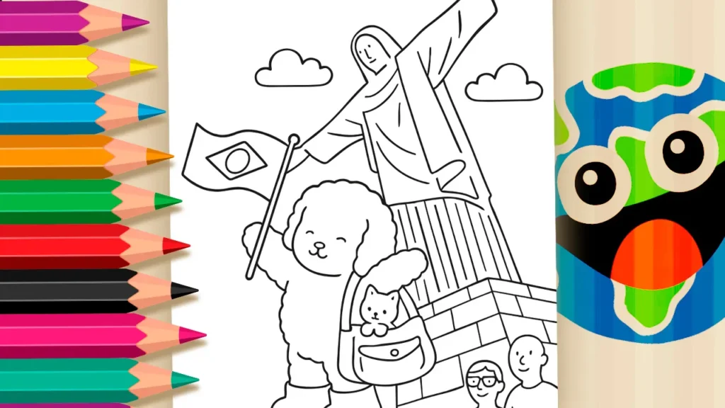 Desenho para colorir de um bichinho fofo da Bobbie Goods com mochila, posando em frente à estátua do Cristo Redentor no Rio de Janeiro, com turistas ao redor.