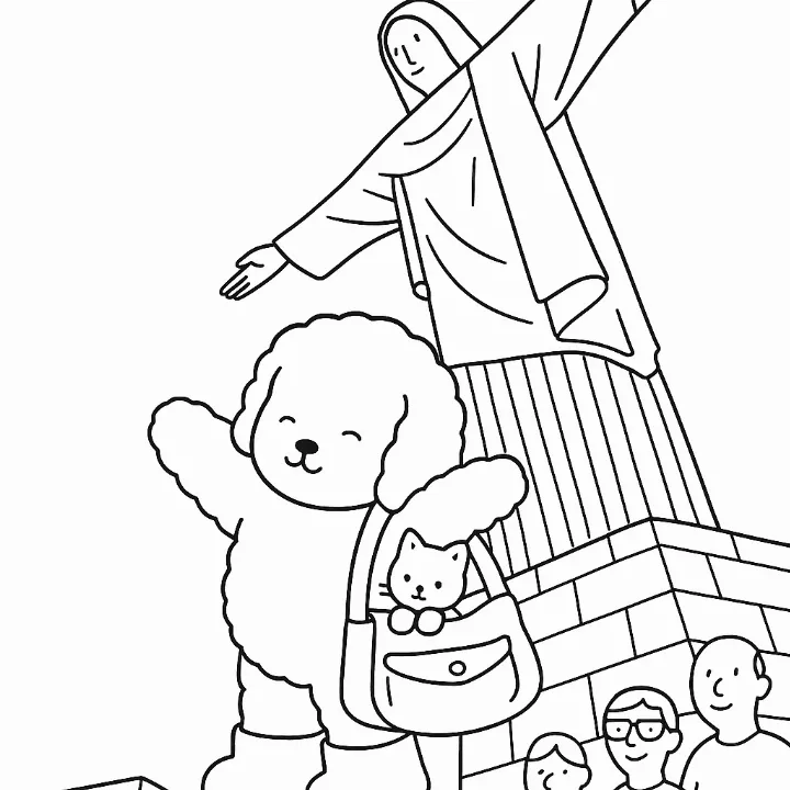 Desenho para colorir de um bichinho fofo da Bobbie Goods com mochila, posando em frente à estátua do Cristo Redentor no Rio de Janeiro, com turistas ao redor.