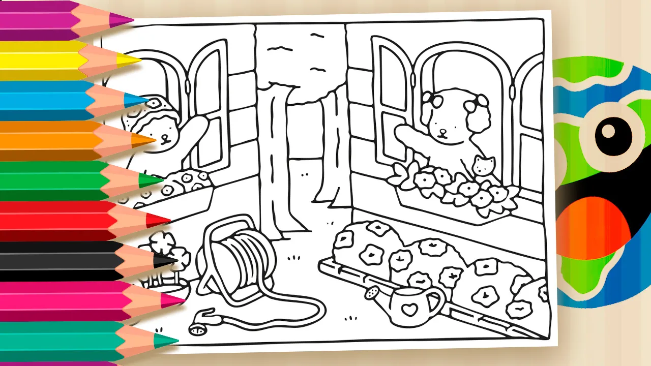 Ilustração original da Bobbie Goods para colorir, mostrando dois personagens fofos em janelas de condomínio, cada um cuidando de suas floreiras com flores, acompanhados por um pássaro e um gato, simbolizando a vida em comunidade no estilo minimalista da artista.