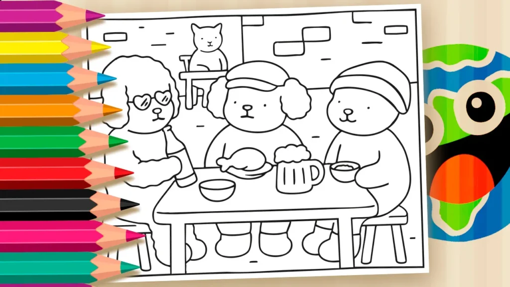 Desenho em preto e branco para colorir com personagens fofos no estilo Bobbie Goods. Três animais antropomórficos (um cachorro poodle com óculos de coração, um cachorro com chapéu e um urso/cachorro com touca) estão sentados em um bar, bebendo chopp e comendo. No fundo, há outro animal (gato) em uma mesa e uma parede de tijolos.