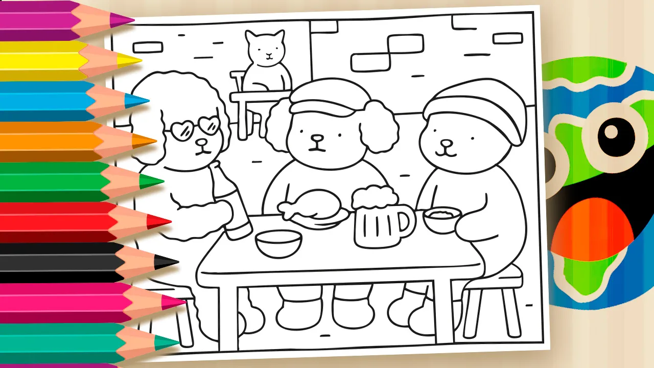 Desenho em preto e branco para colorir com personagens fofos no estilo Bobbie Goods. Três animais antropomórficos (um cachorro poodle com óculos de coração, um cachorro com chapéu e um urso/cachorro com touca) estão sentados em um bar, bebendo chopp e comendo. No fundo, há outro animal (gato) em uma mesa e uma parede de tijolos.