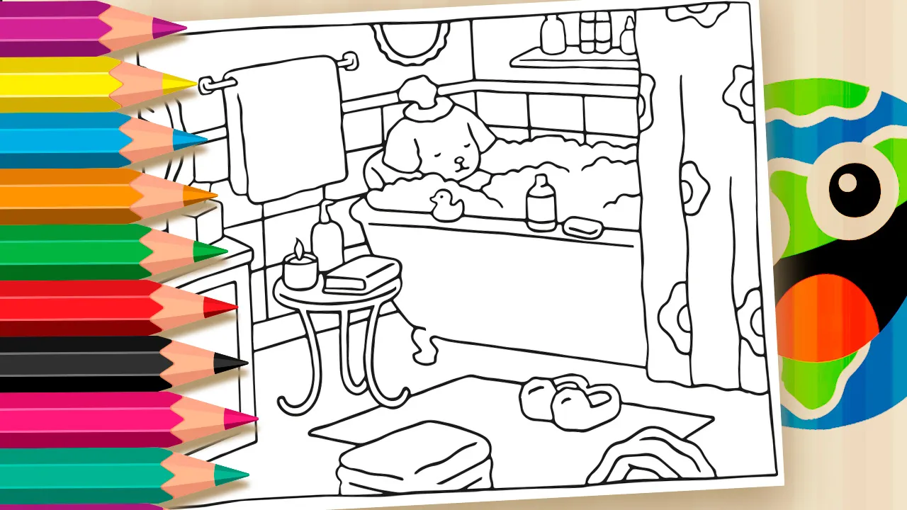 Desenho para colorir do cachorrinho Desenho Kawaii tomando banho na banheira com patinho de borracha, produtos de banho e toalhas.
