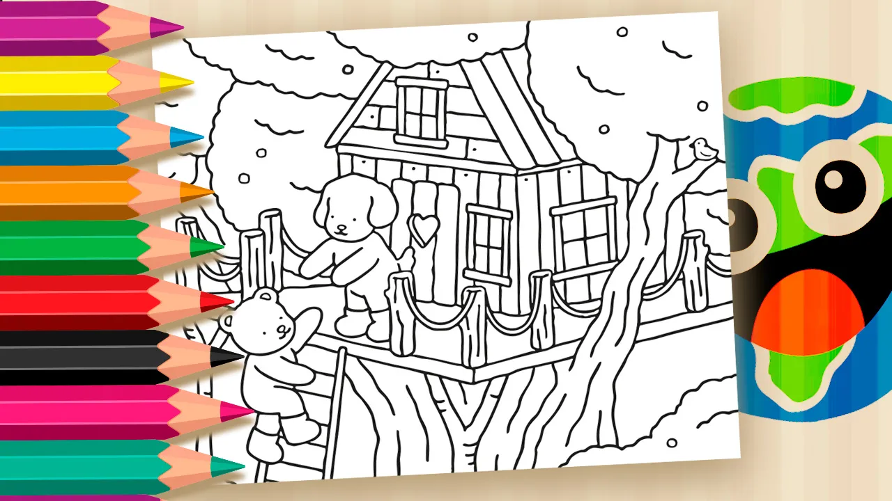 Ilustração em preto e branco de dois bichinhos fofos — um ursinho e um cachorrinho — em uma casa na árvore com detalhes românticos, perfeita para colorir no Dia dos Namorados.