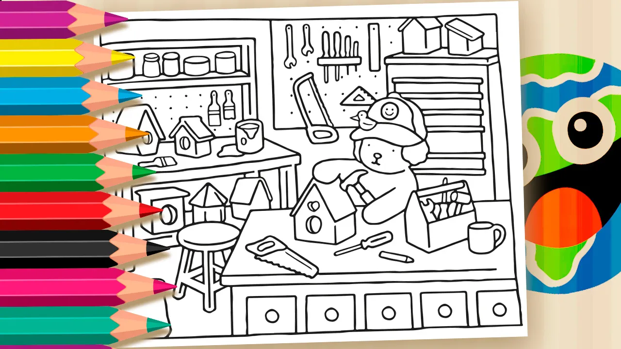 Desenho para colorir do ateliê Desenho Kawaii, mostrando um ursinho construindo uma casinha de pássaros em uma oficina cheia de ferramentas e prateleiras com potes.