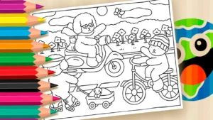 Desenho para colorir Desenho Kawaii em Passeio Urbano – Página para Colorir Grátis 🐻🚲🌇