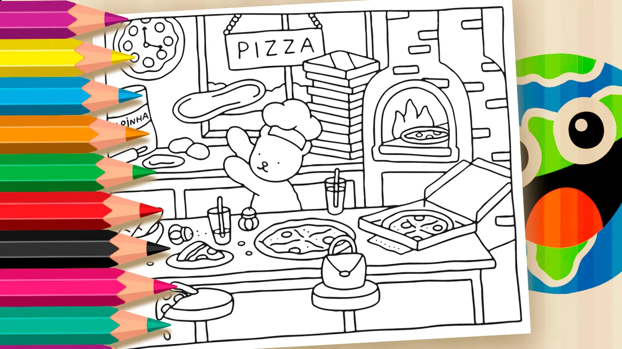 Desenho Kawaii: Desenho de um ursinho fofo fazendo pizza, com ingredientes espalhados na mesa, disponível para colorir online ou imprimir gratuitamente.