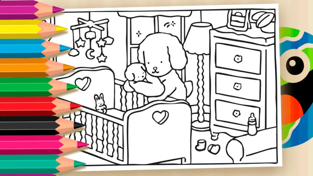Desenho para colorir do cachorrinho Desenho Kawaii no quarto do bebê, segurando um bebê no colo ao lado do berço com móbile de estrelas, cômoda e acessórios infantis.