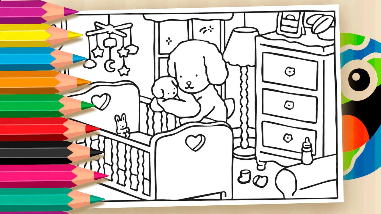 Desenho para colorir do cachorrinho Desenho Kawaii no quarto do bebê, segurando um bebê no colo ao lado do berço com móbile de estrelas, cômoda e acessórios infantis.