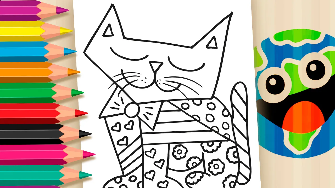 Desenho para colorir de um gato no estilo vibrante de Romero Britto, com contornos pretos marcantes e padrões geométricos como corações e bolinhas, pronto para ser preenchido com cores alegres.