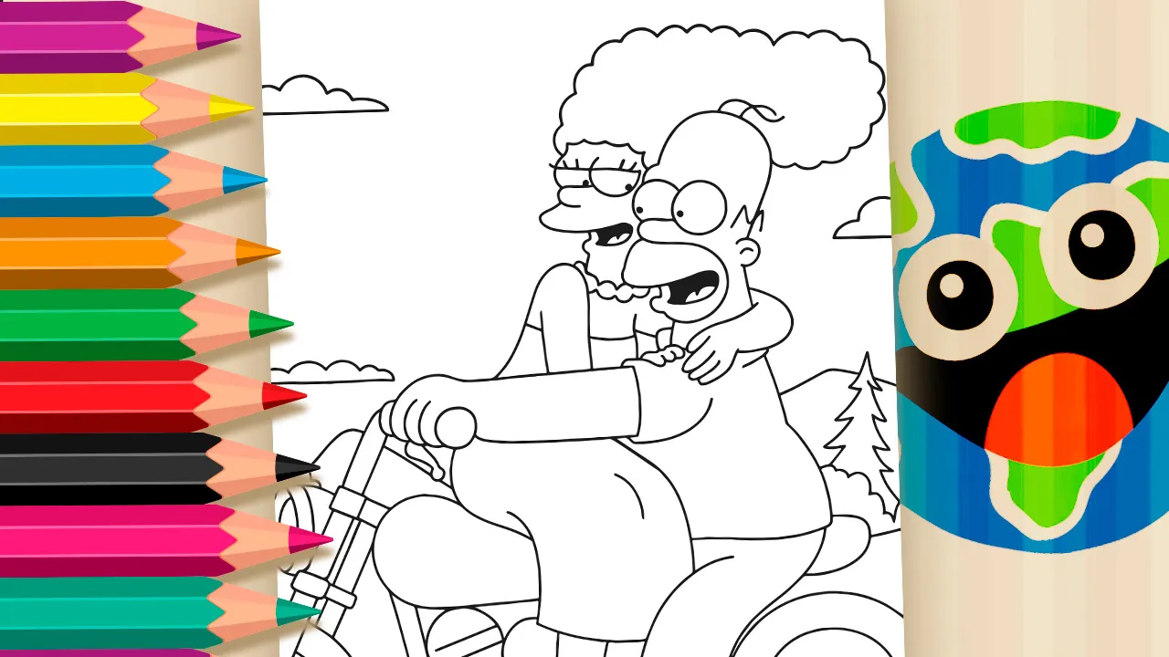 Desenho em preto e branco para colorir de Homer e Marge Simpson em uma motocicleta. Homer está pilotando a moto com a boca aberta, e Marge está sentada na garupa, abraçando-o. Ao fundo, há nuvens e montanhas com algumas árvores.