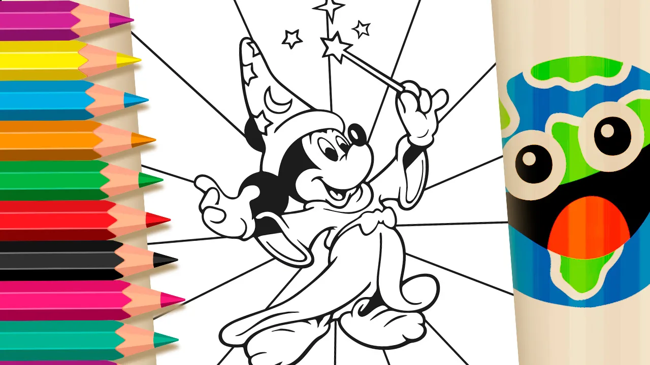 Mickey Mouse vestido como feiticeiro, segurando uma varinha mágica da qual saem estrelas, sorrindo e em pose de encantamento. É um desenho em preto e branco pronto para colorir.