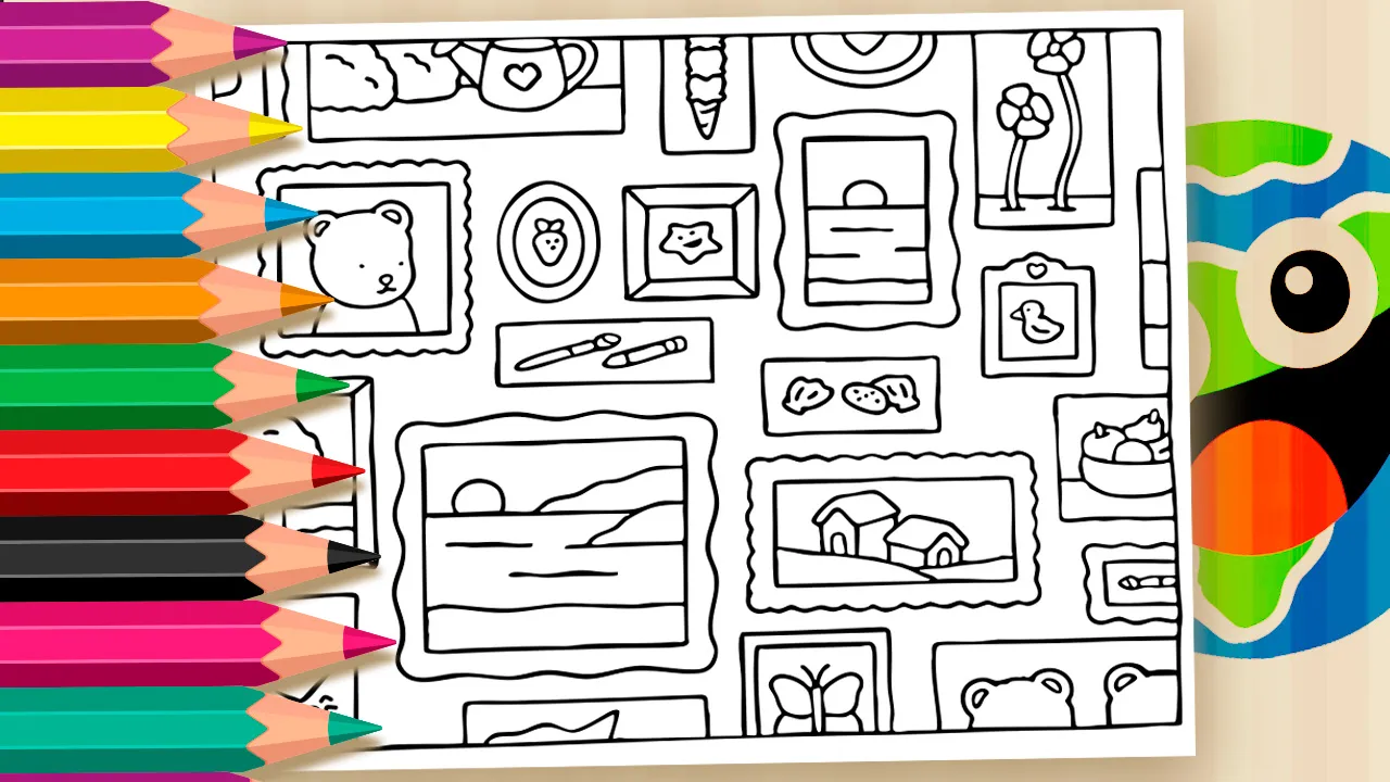 Desenho de mural para colorir da artista Desenho Kawaii com quadros de ursinho, flores, paisagens e objetos fofos em estilo infantil.