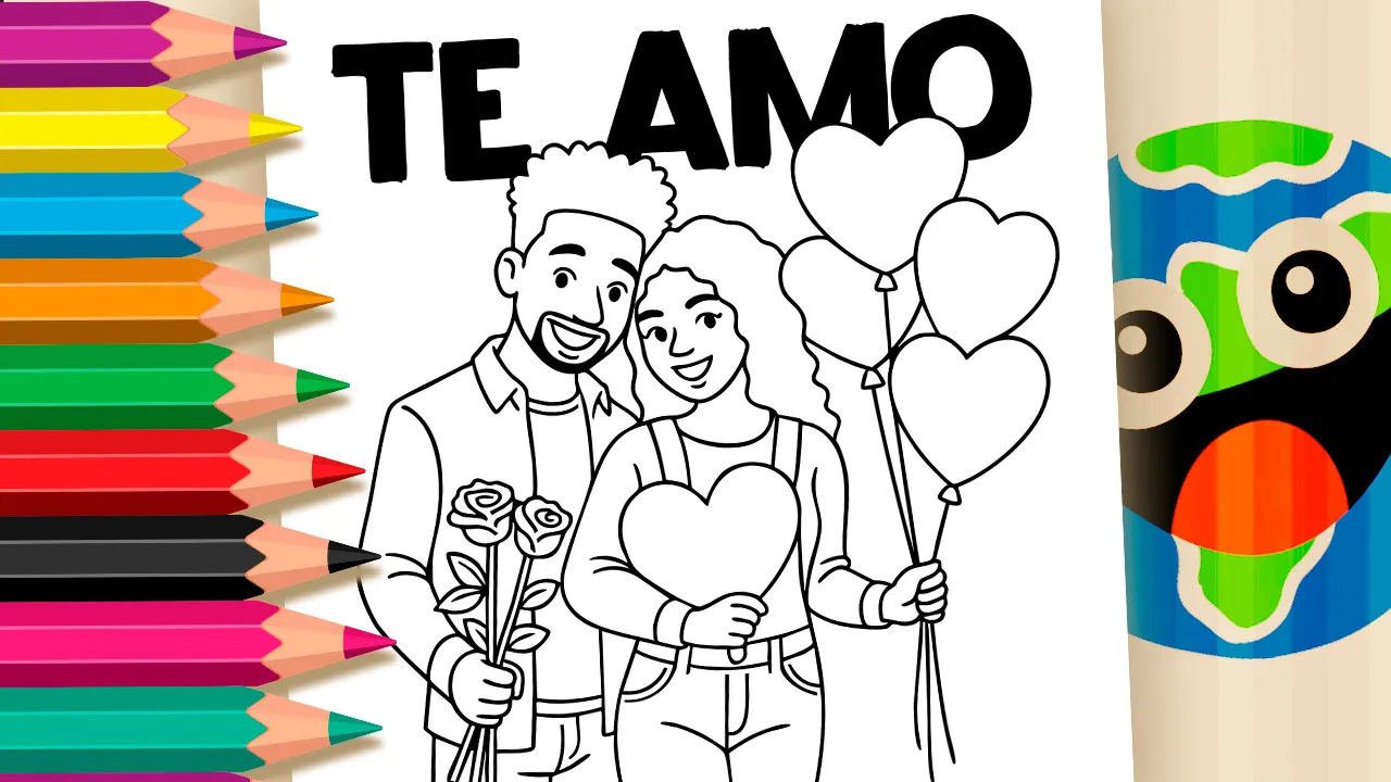 Desenho em preto e branco de um casal feliz com flores, balões de coração e a frase "Te Amo". Arte romântica para colorir grátis.