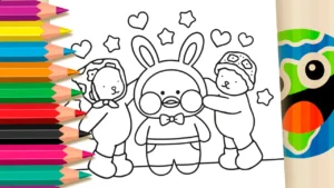 Desenho para colorir 🐻🐥 Ursinhos Fofos e o Patinho Coelhinho – Colorir Online nos Estilos Bobbie Goods e Paper Duck