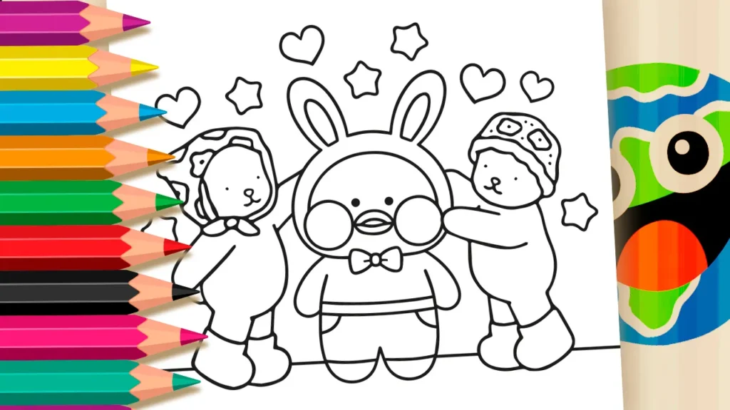 Desenho de dois ursinhos fofos abraçando um patinho fantasiado de coelhinho. Cena de amizade e carinho entre Desenho Kawaii e Paper Duck para colorir online ou imprimir gratuitamente.