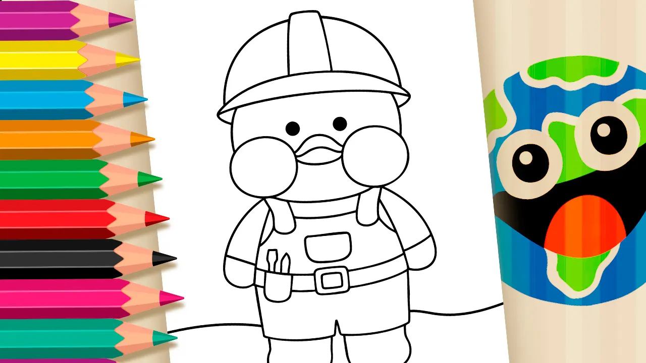 Desenho do personagem Paper Duck vestido de trabalhador, com capacete e uniforme, pronto para colorir online gratuitamente.