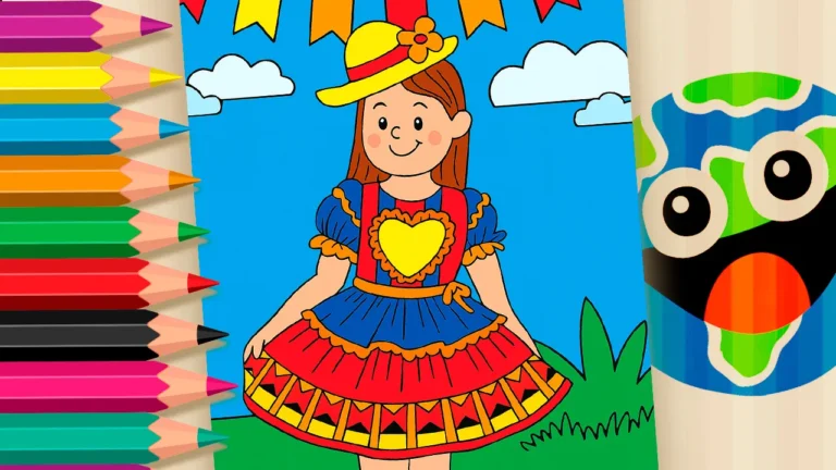 Desenho para colorir de uma Princesa de São João sorrindo, com vestido caipira típico de Festa Junina, chapéu com flor e bandeirinhas ao fundo, para ser pintado online com diversas cores e texturas.