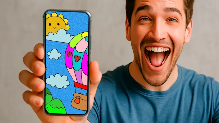 Pessoa feliz e satisfeita com seu desenho colorido online no site Mundo dos Jogos.