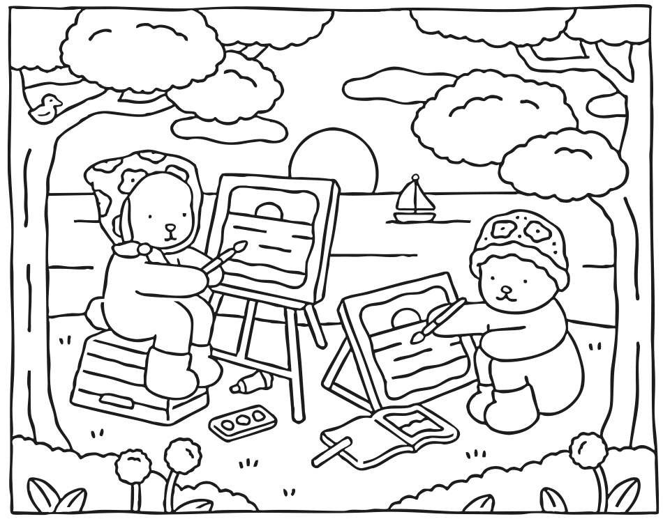 Desenho de 🎨  Kawaii Artistas: Pinte a Obra-Prima da Natureza ! 🌳 para imprimir e colorir - PDF grátis para pessoas de todas as idades