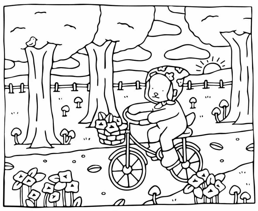 Personagem fofo do desenho de Desenho Kawaii pedalando bicicleta alegremente.