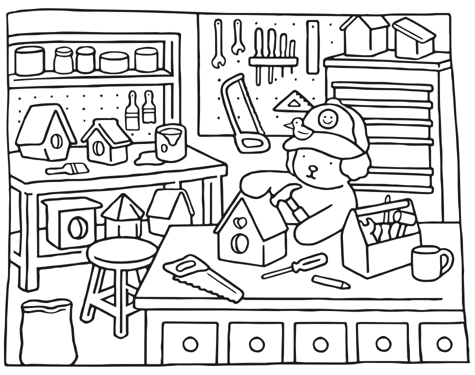 Desenho de 🎨 Pinte  o Ateliê  Kawaii: Construa sua Criatividade! 🛠️ para imprimir e colorir - PDF grátis para pessoas de todas as idades