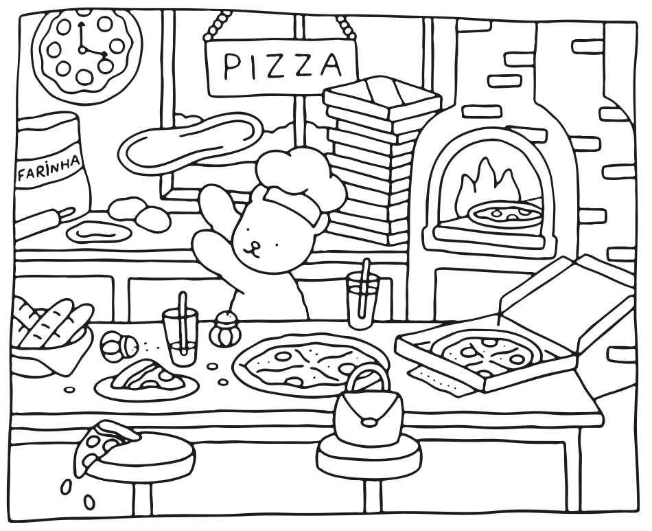 Desenho de 🐻🍕  Kawaii Fazendo Pizza para imprimir e colorir - PDF grátis para pessoas de todas as idades