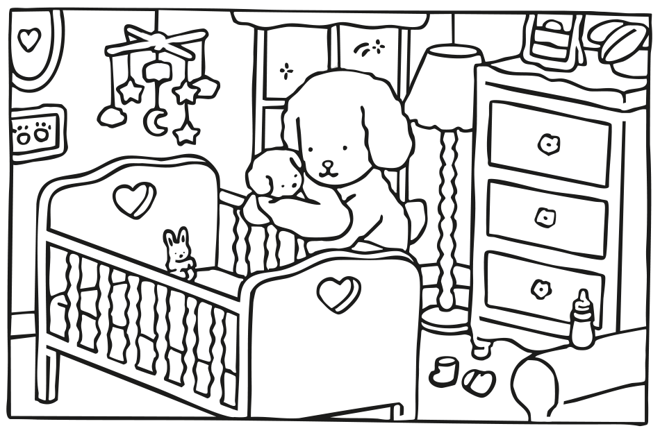 Desenho de Colorir Kawaii: O Cachorrinho Babá Mais Carinhoso do Mundo para imprimir e colorir - PDF grátis para pessoas de todas as idades